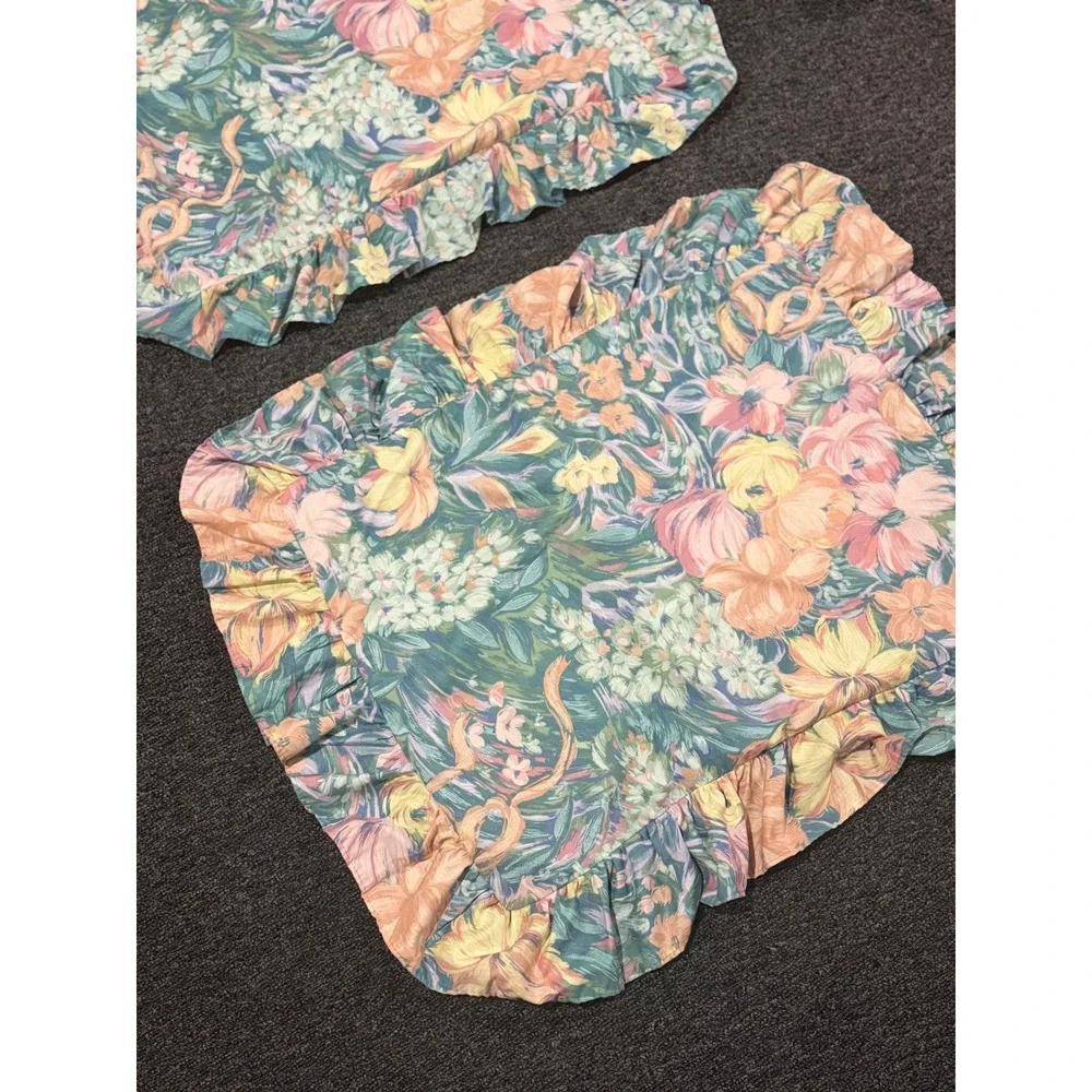 VTG Burlington House‎ Pillow Shams Floral Teal Peach Ruffled Cottagecore 80s 2pc